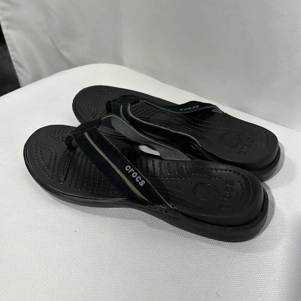 Crocs Flip Flops Capri Leather Rubber Thong Sandals Men's Size 9 Black